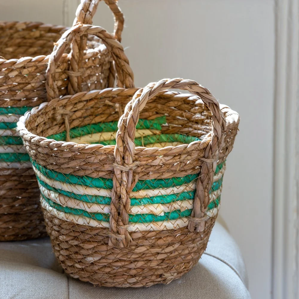 Straw and Corn Basket Green Stripe with Handles Large