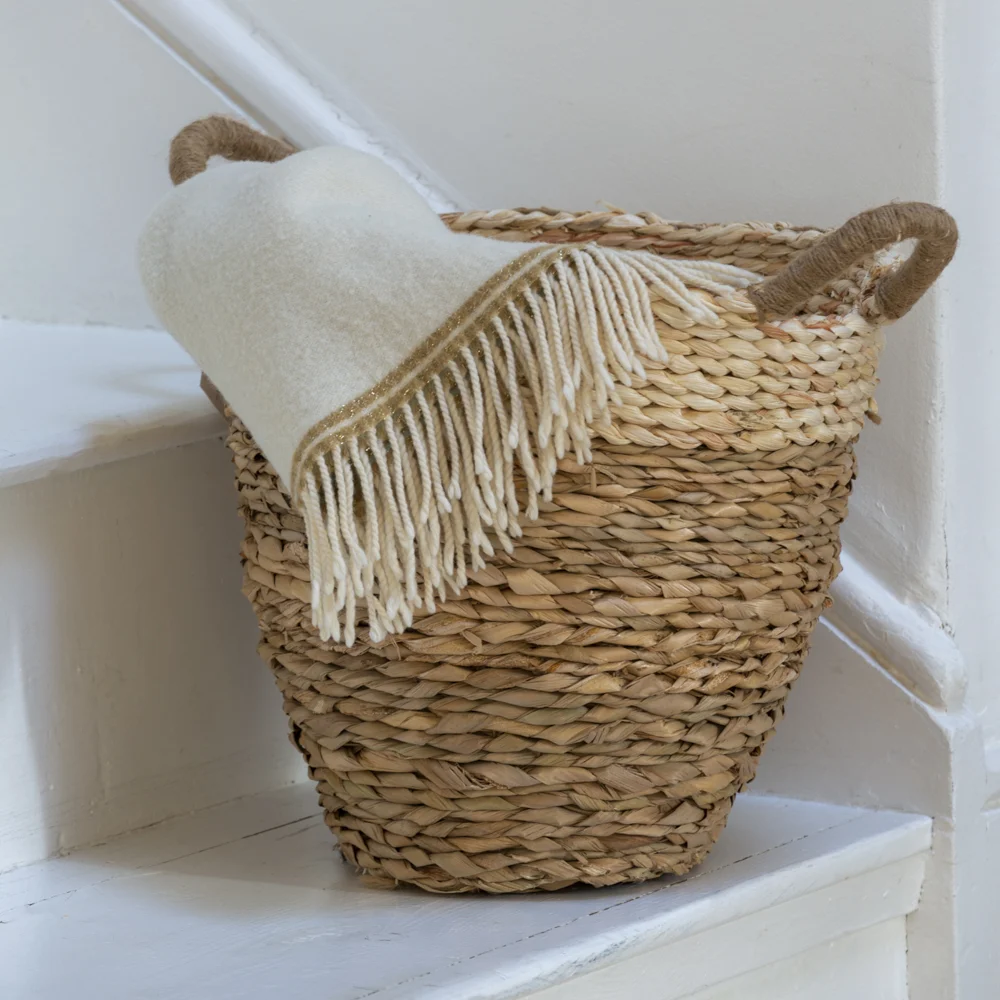 Straw and Corn Basket with Thick Natural Stripe Medium