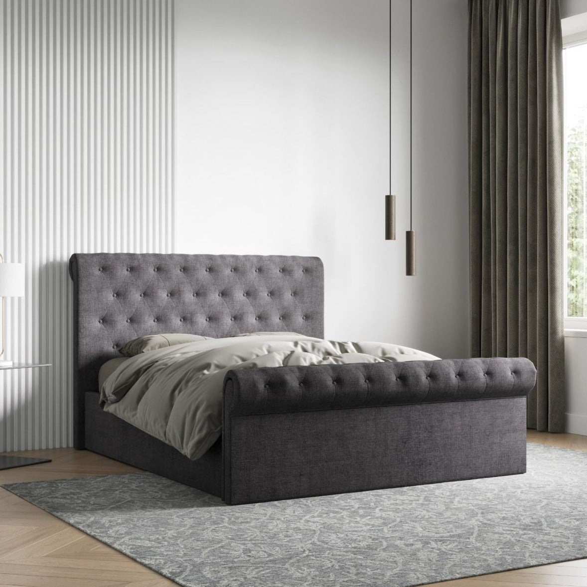 Grey Fabric Lola Ottoman Sleigh Bed