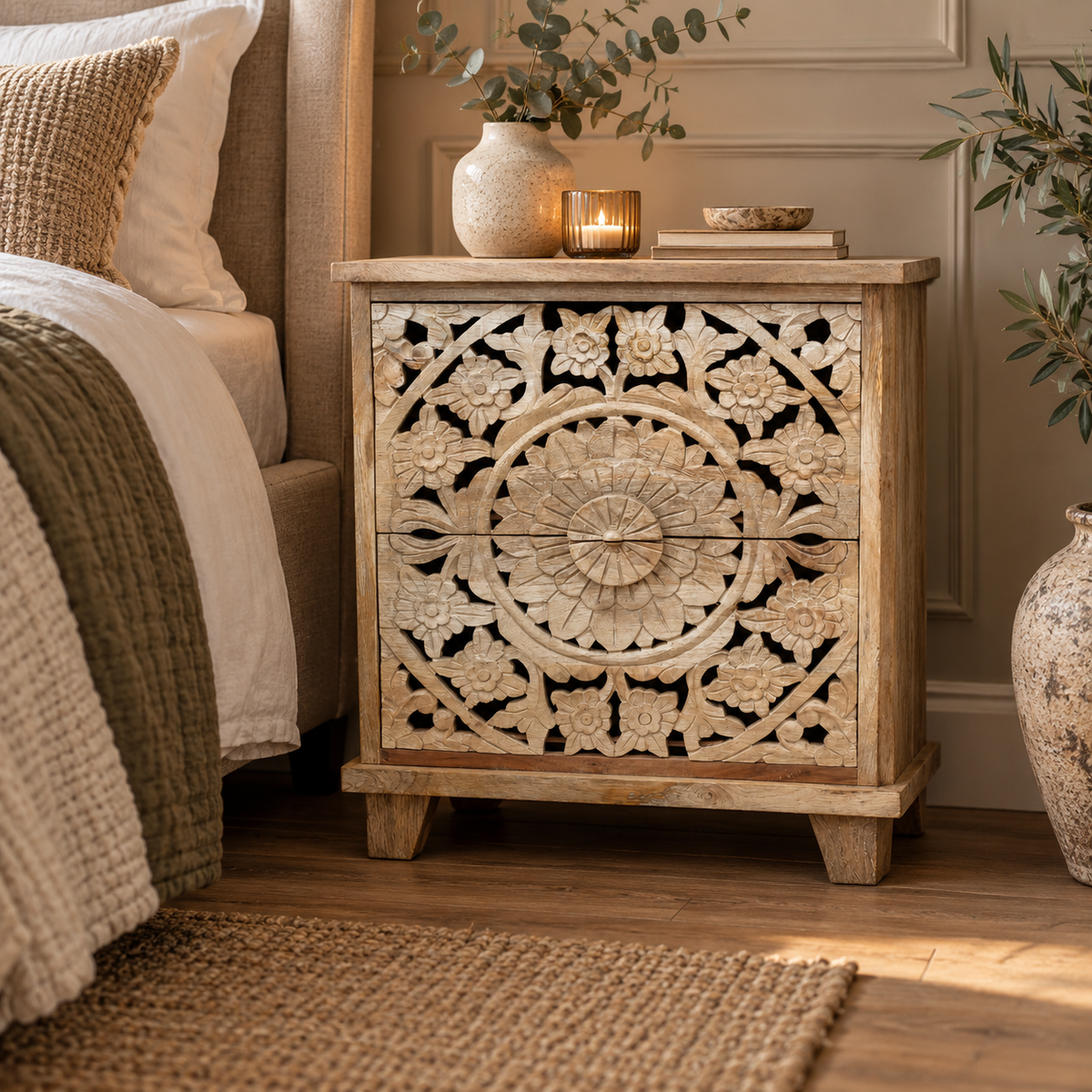 A carved wooden nightstand with intricate floral detailing on the front