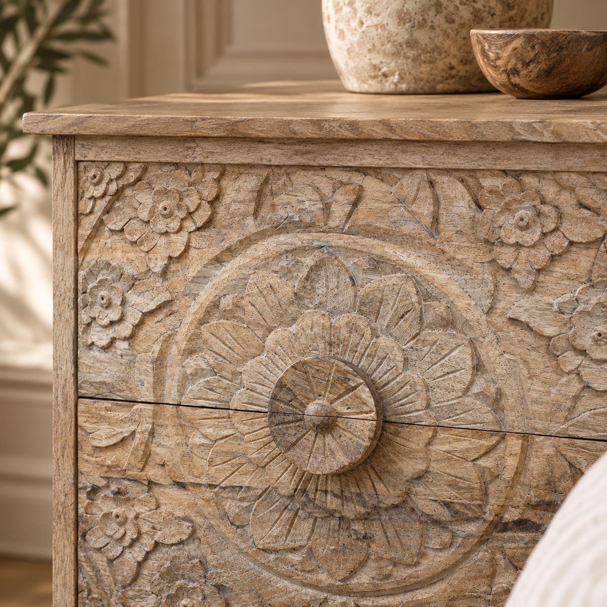 Indira Carved Mango Wood Bedside