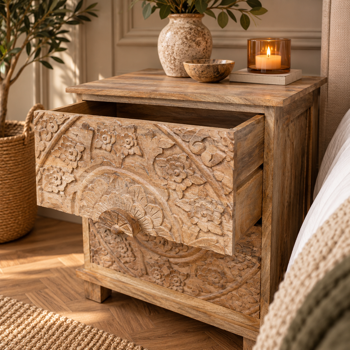 Indira Carved Mango Wood Bedside