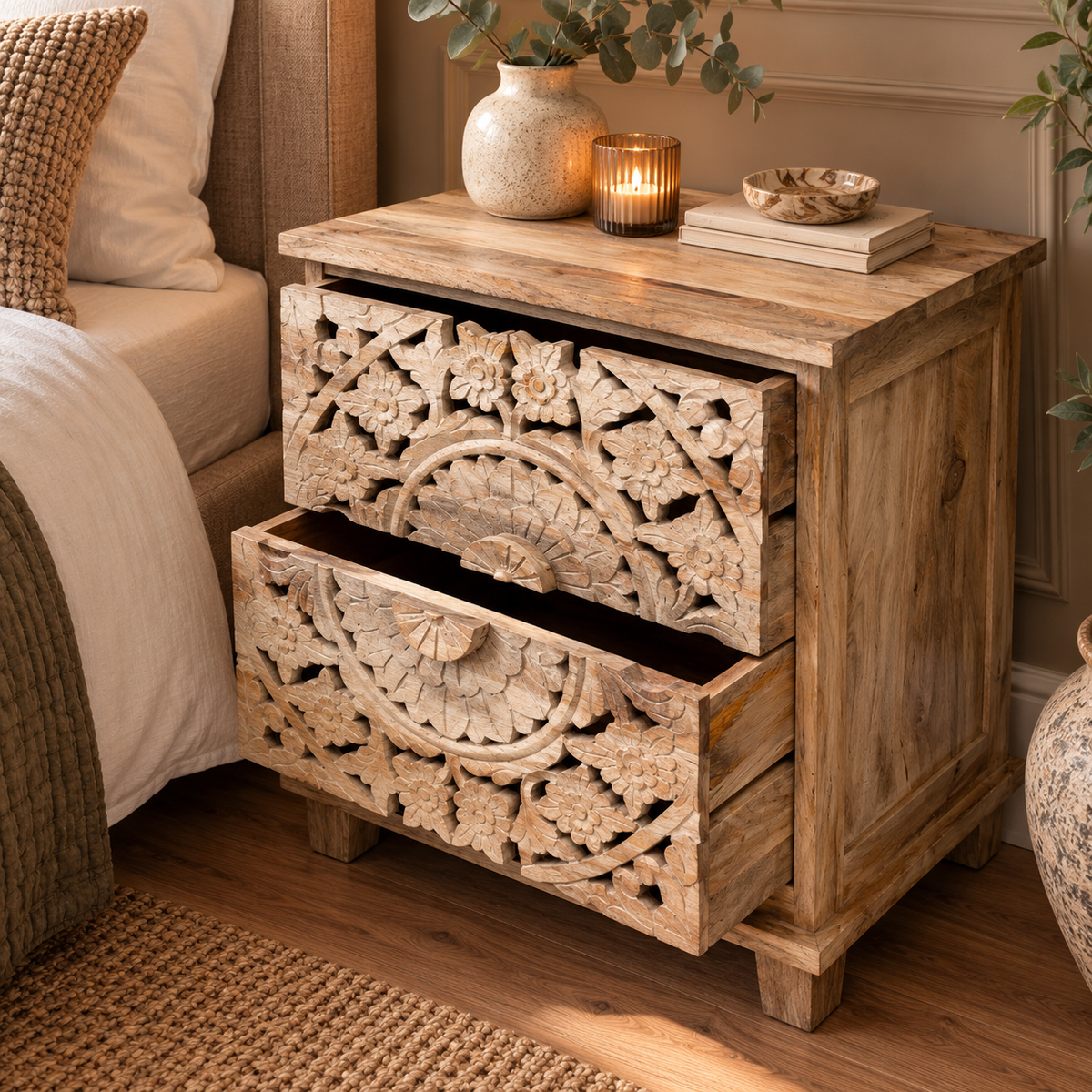 A rustic carved wooden nightstand with two drawers, one open, styled in a cozy bedroom next to a bed. The nightstand features intricate floral and geometric carvings on its front drawers and a smooth wood top.