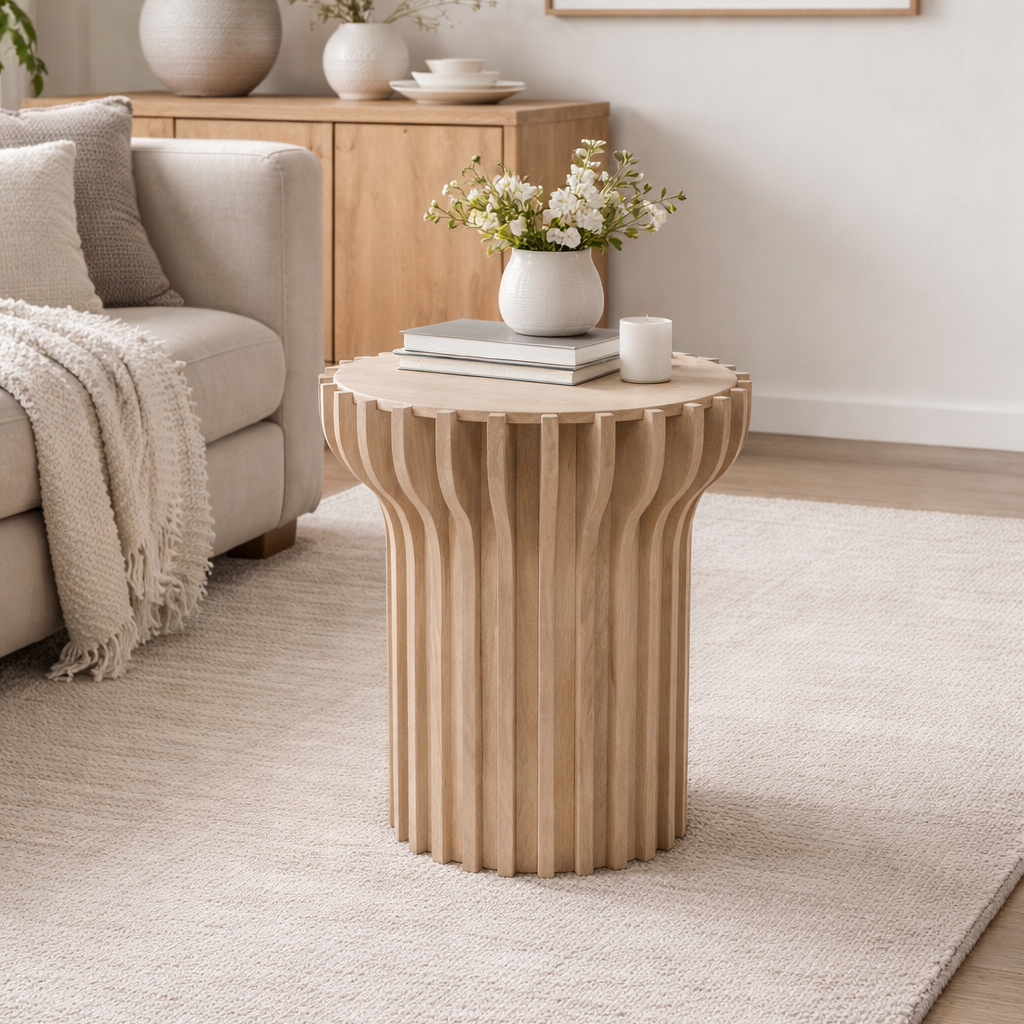 Wooden Striped Side Table With Marble Top