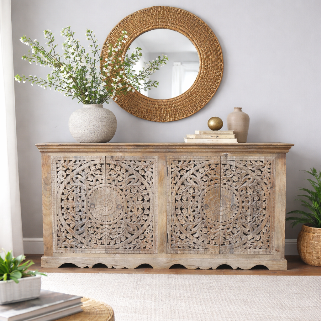 Carved Mango Wood Sideboard