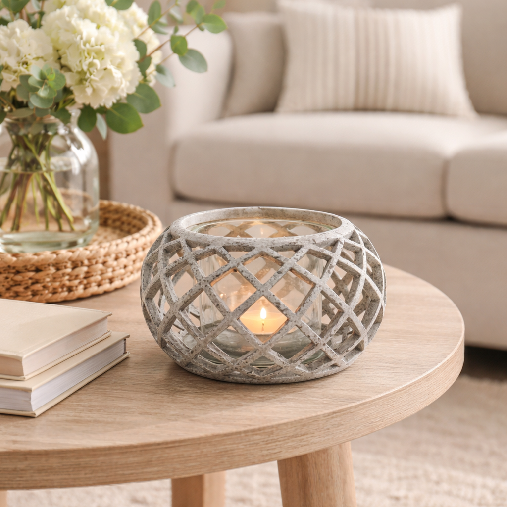 Round Ceramic Lattice Hurricane Lantern