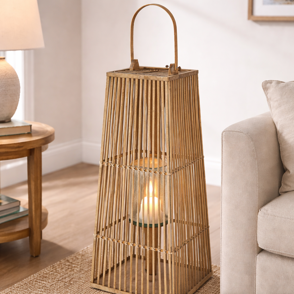 Large Silo Wicker Lantern With Glass Holder
