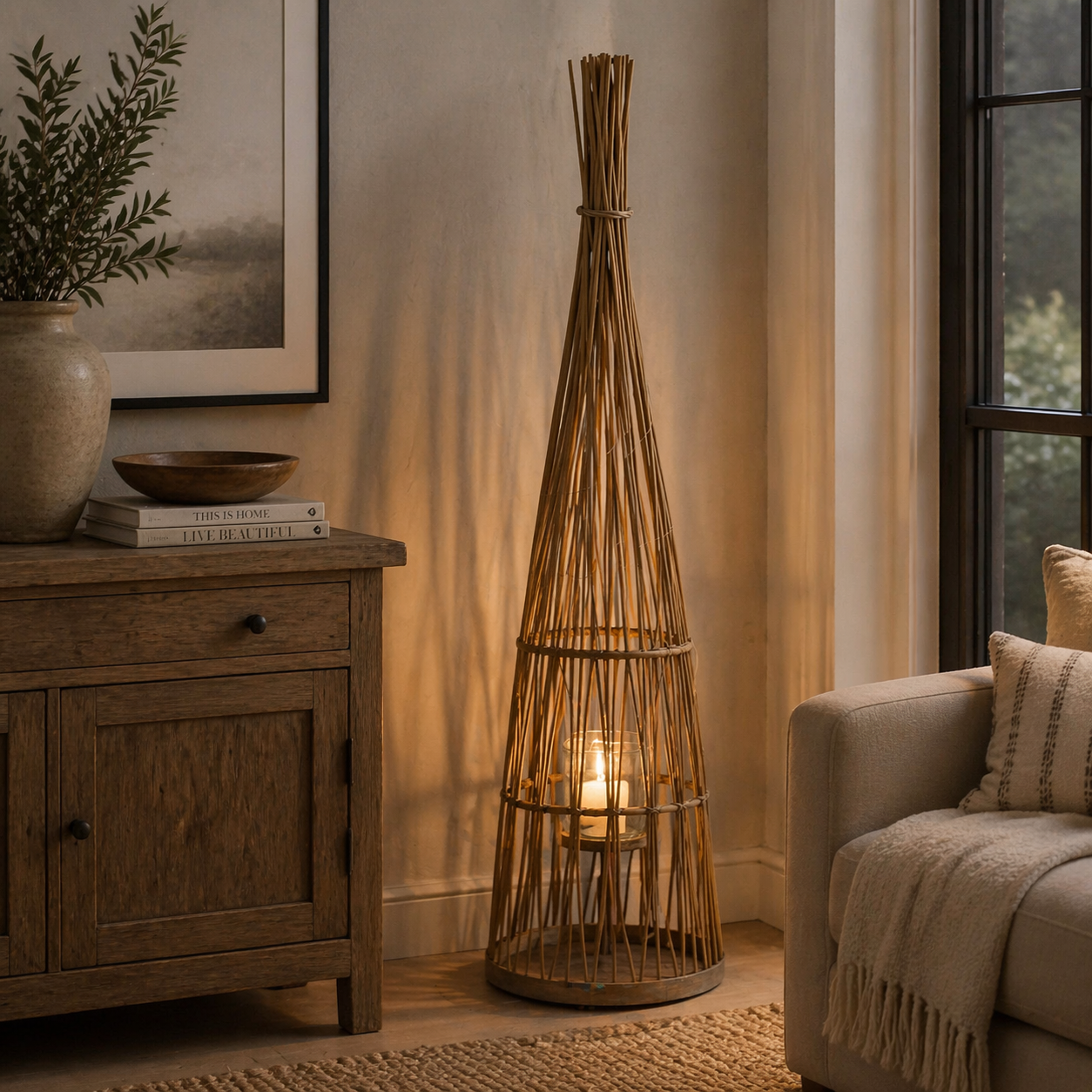 Large Conical Wicker Lantern With Glass Holder & LED Lights