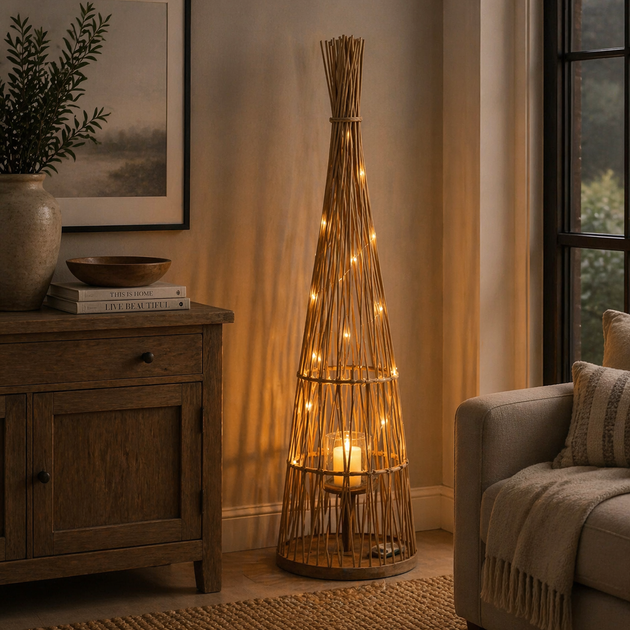 Large Conical Wicker Lantern With Glass Holder & LED Lights
