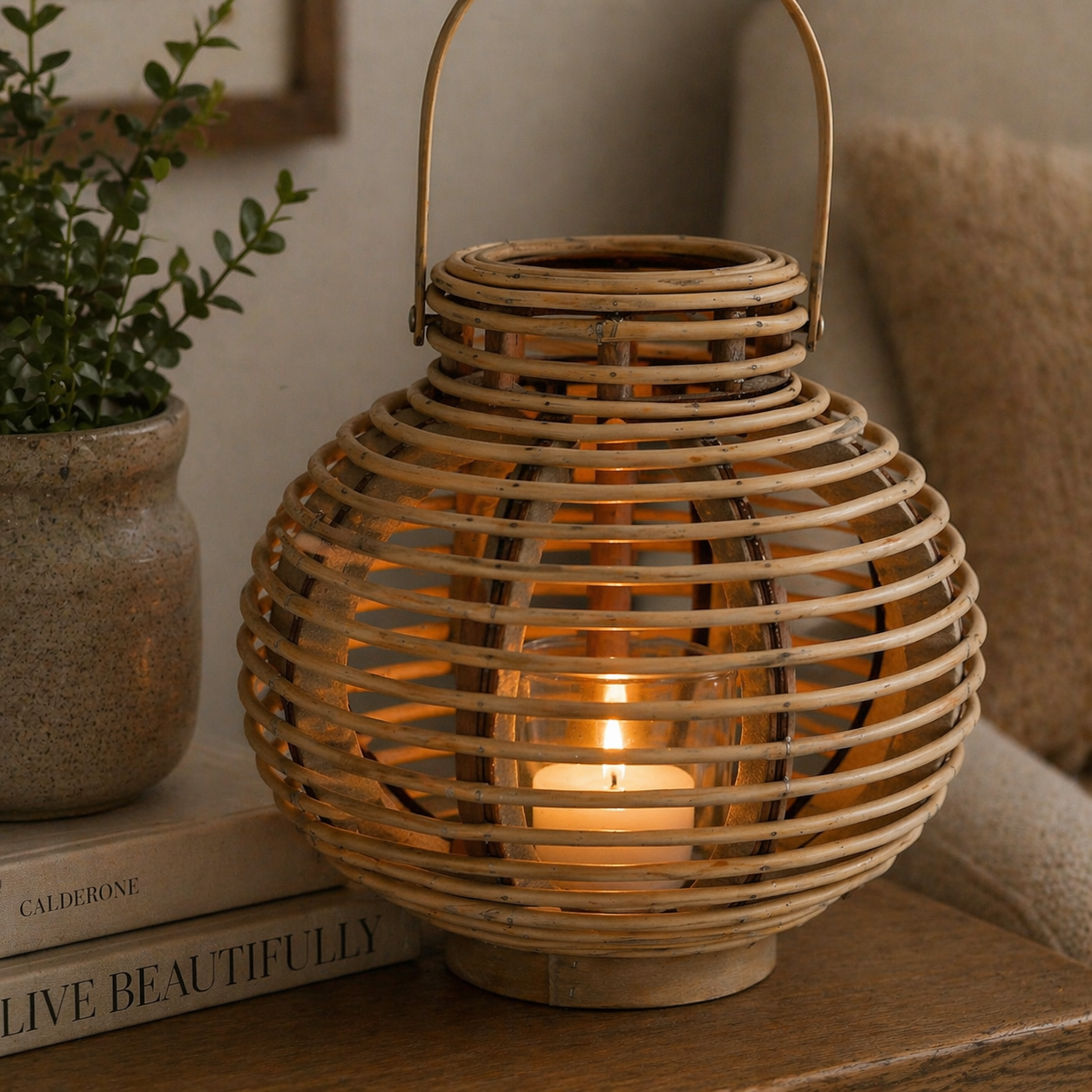 Large Round Willow Lantern With Glass Holder