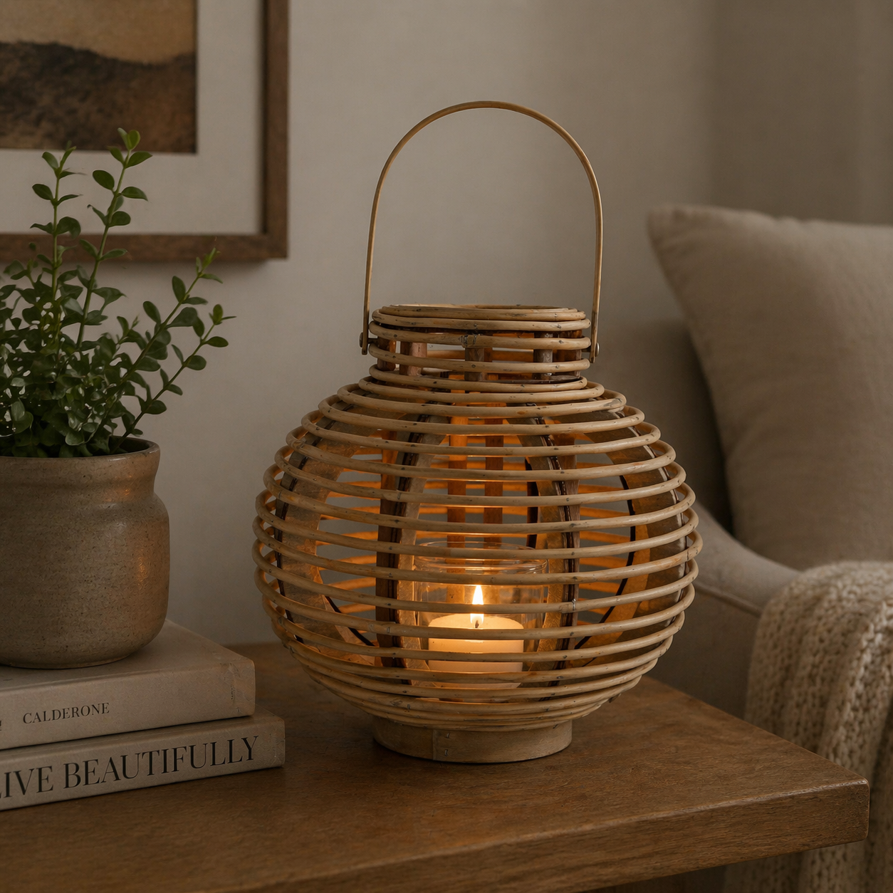 Large Round Willow Lantern With Glass Holder