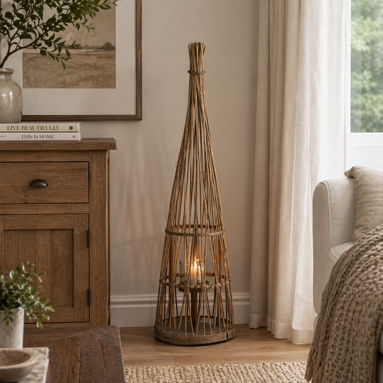 Medium Conical Wicker Lantern With Glass Holder & LED Lights