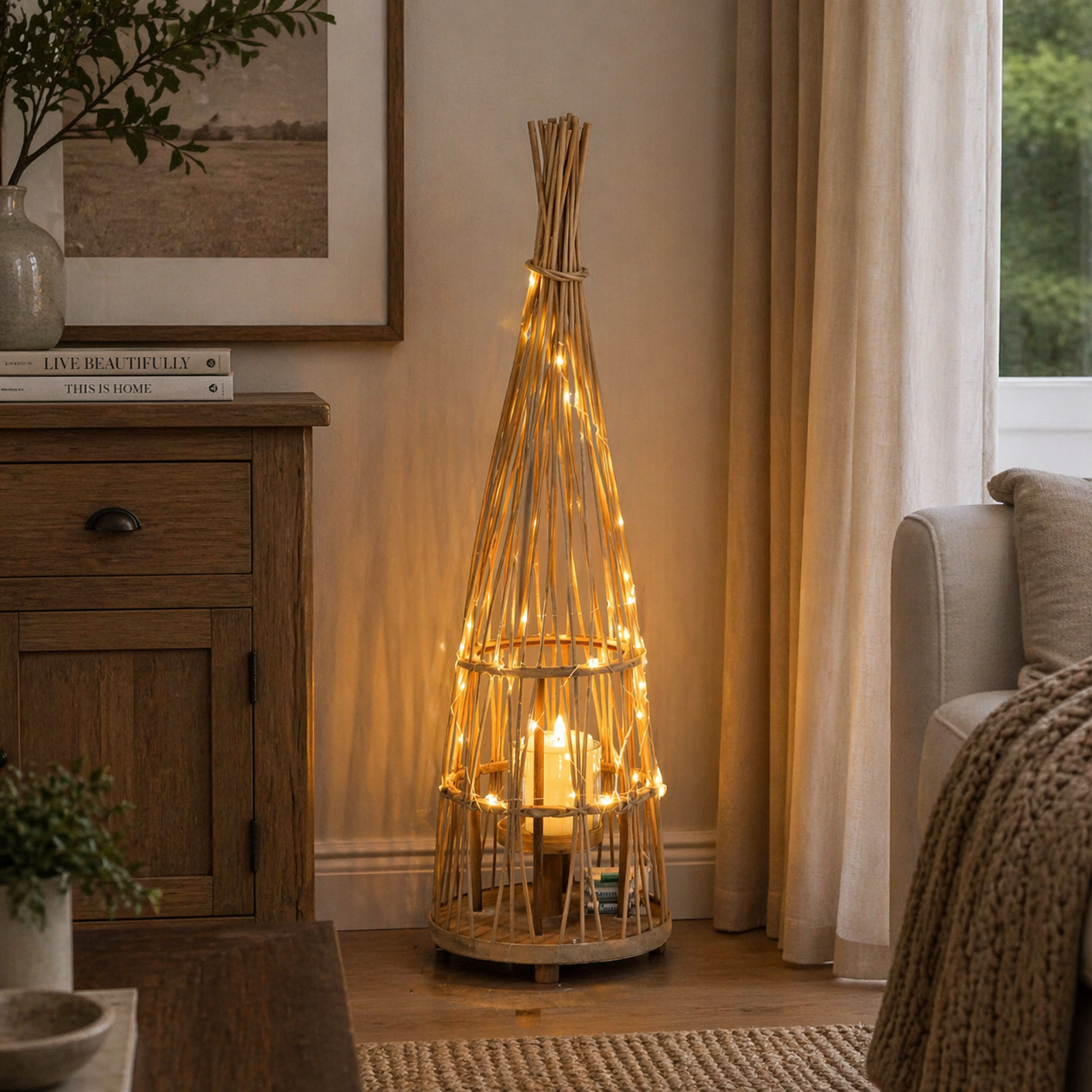Medium Conical Wicker Lantern With Glass Holder & LED Lights