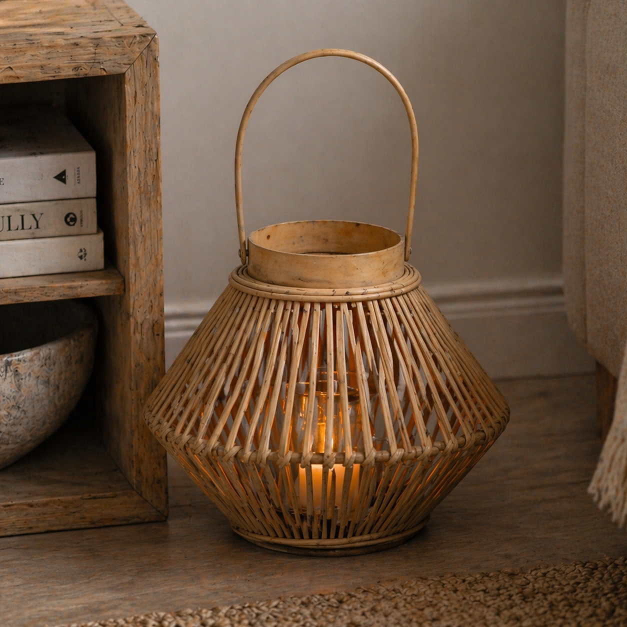 Cone Wicker Lantern With Glass Holder