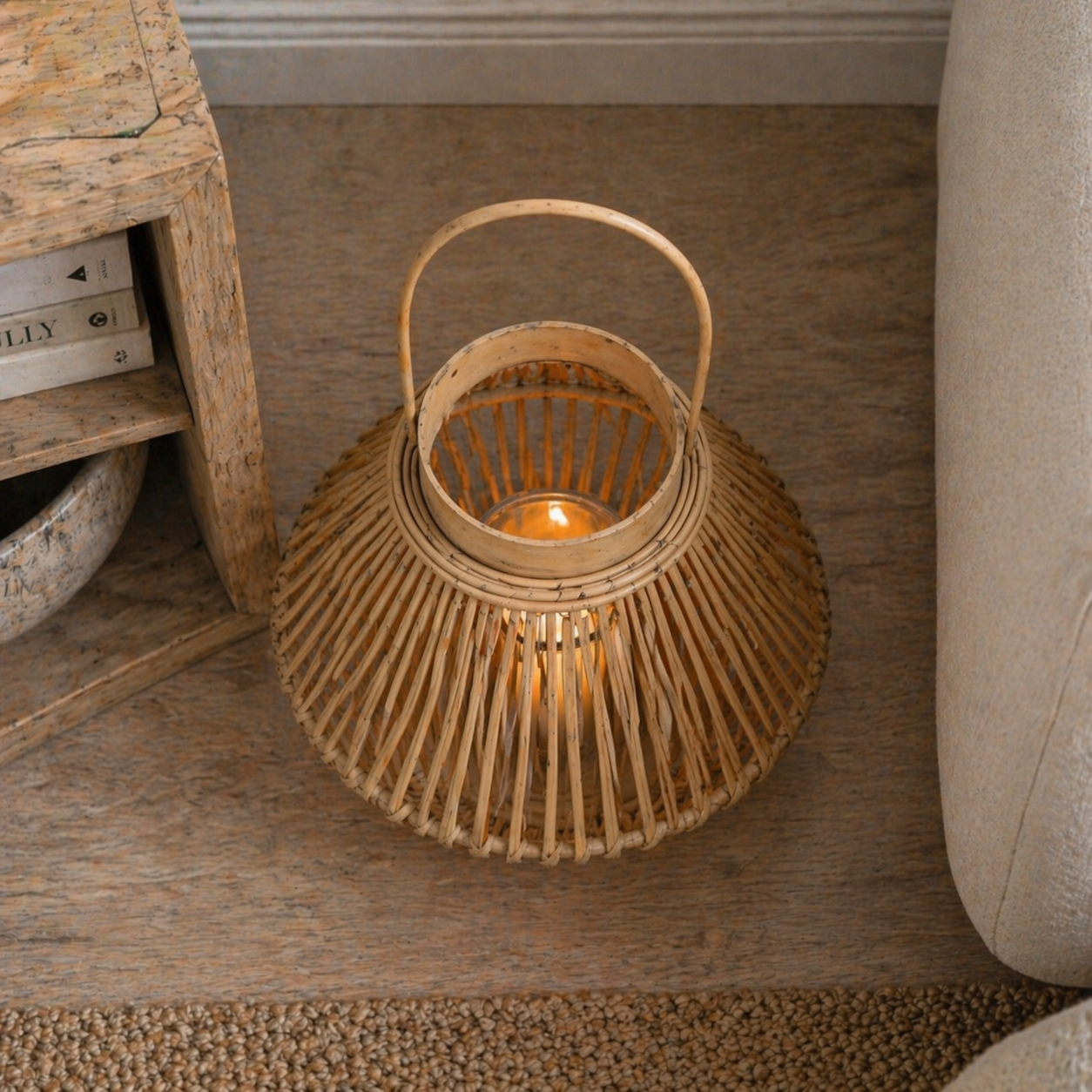 Cone Wicker Lantern With Glass Holder