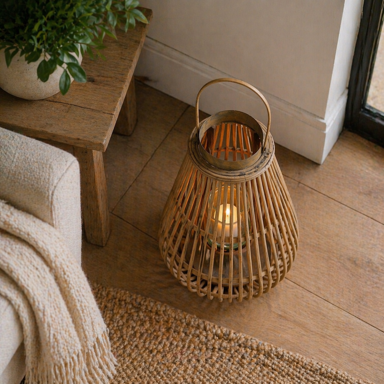 Large Peardrop Wicker Lantern With Glass Holder