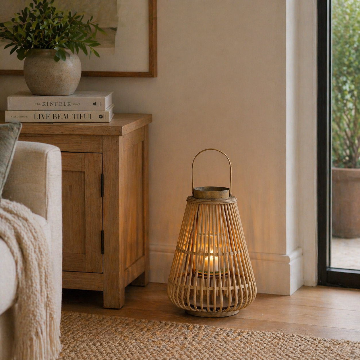 Large Peardrop Wicker Lantern With Glass Holder