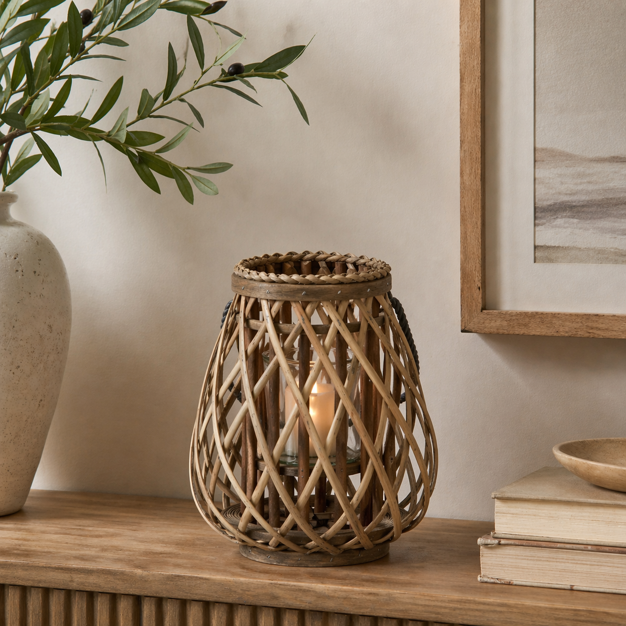 Small Wicker Bulbous Lantern