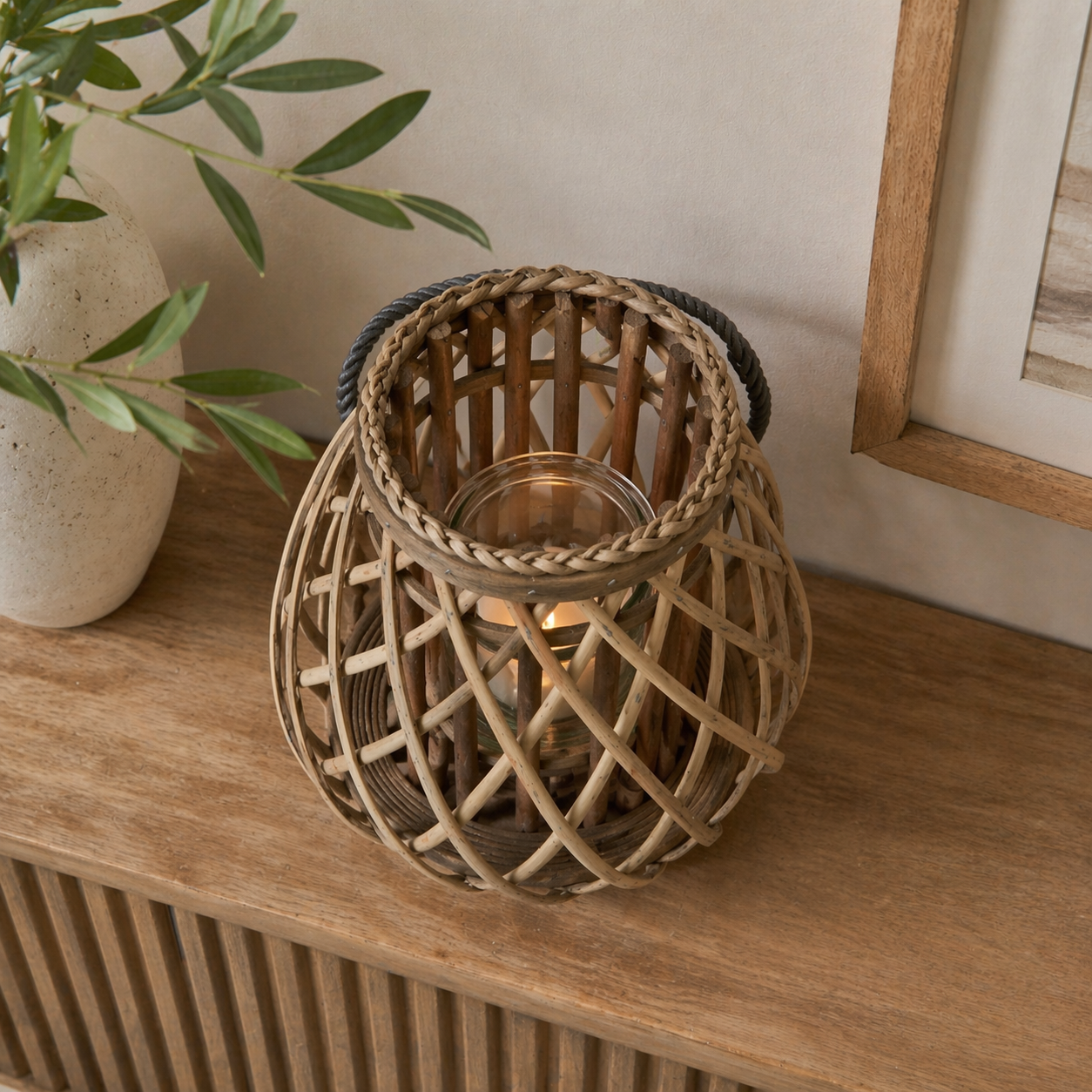 Small Wicker Bulbous Lantern