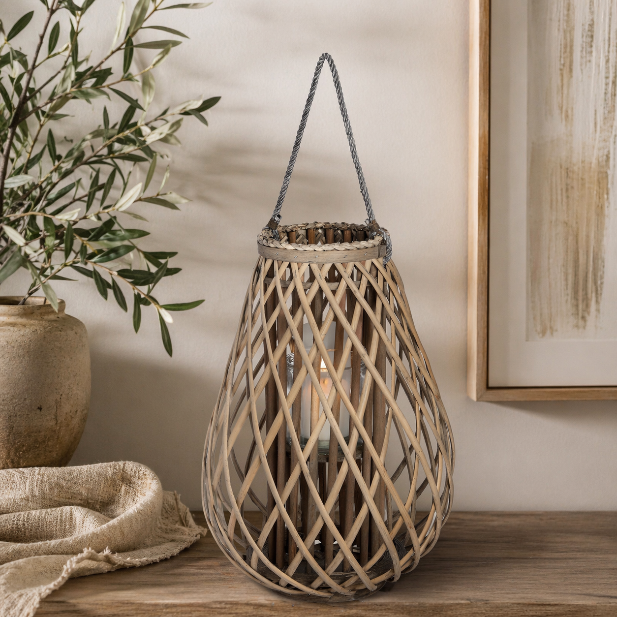 Large Wicker Bulbous Lantern