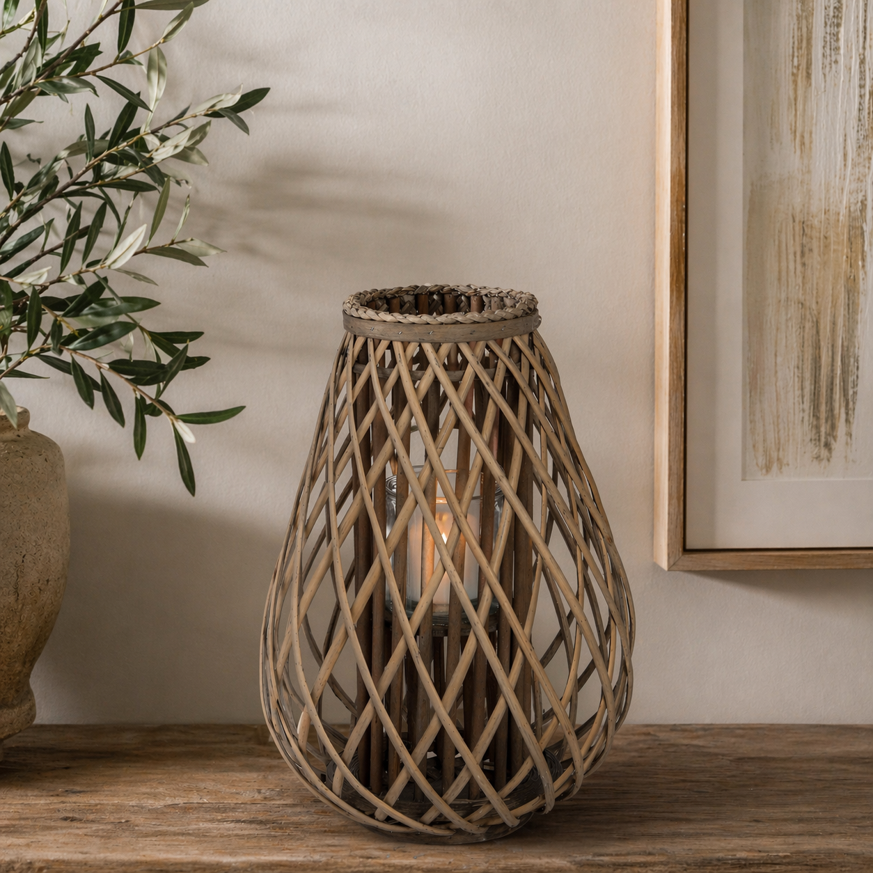 Large Wicker Bulbous Lantern