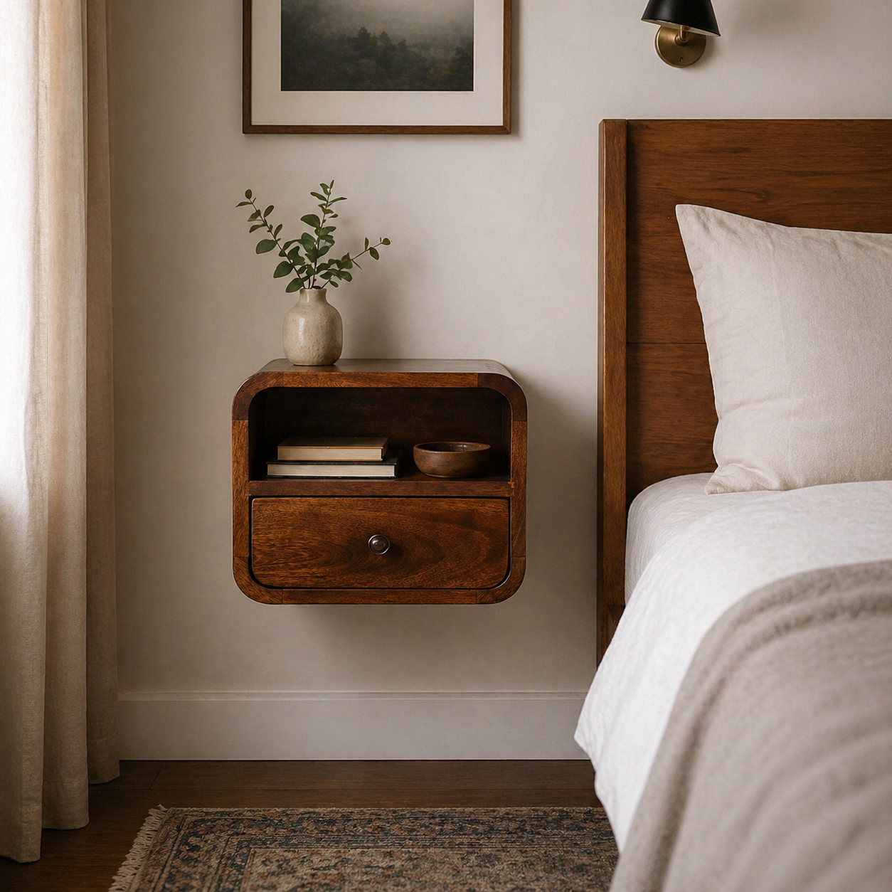 Extra Mini Wall Mounted Curved Chestnut Bedside
