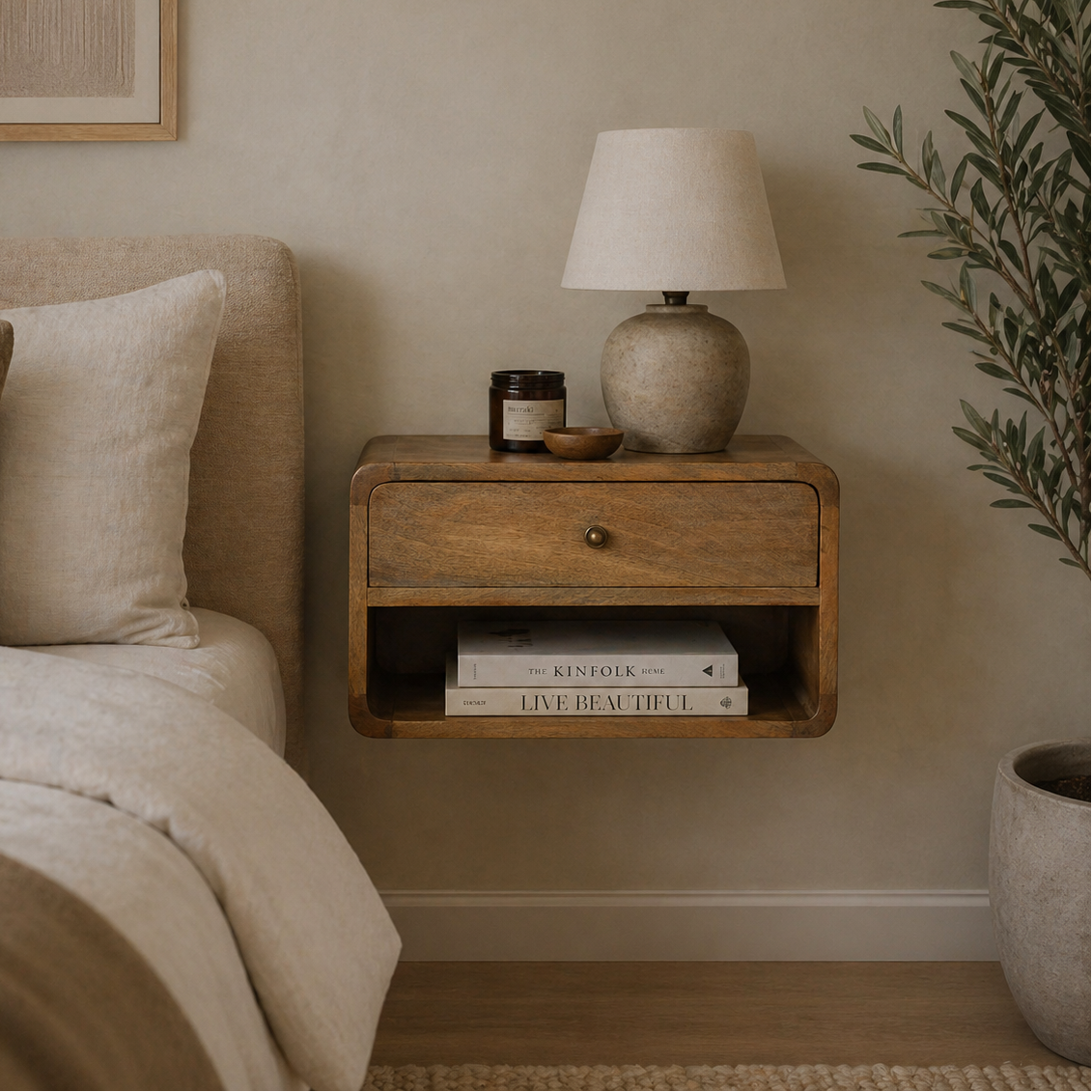 Floating Oak-ish Curve Open Slot Bedside