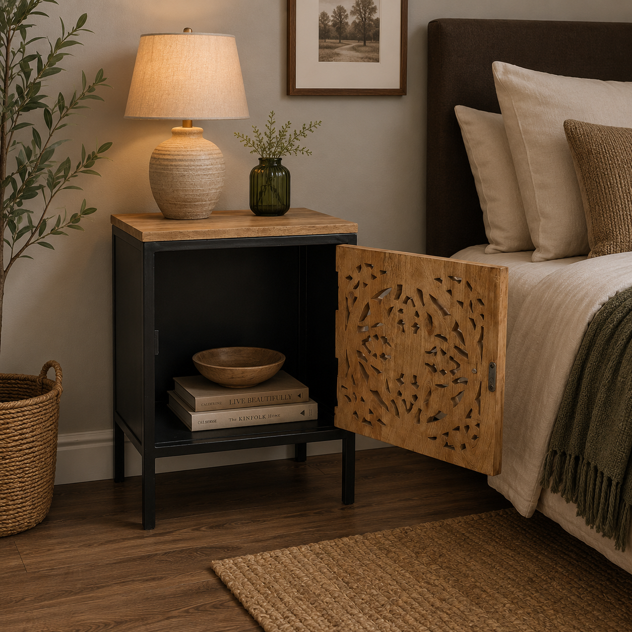 Noir Carved Bedside Cabinet