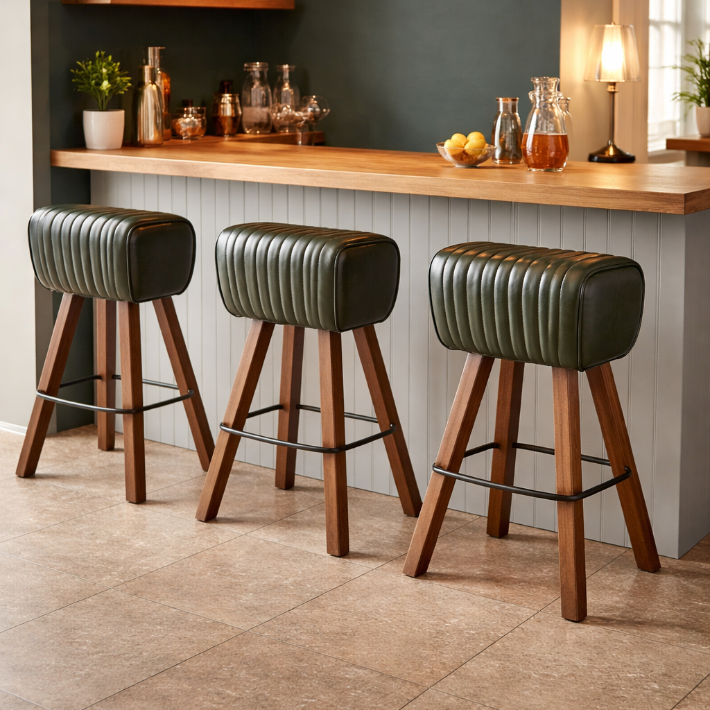 Green Leather Pommel Bar Stool