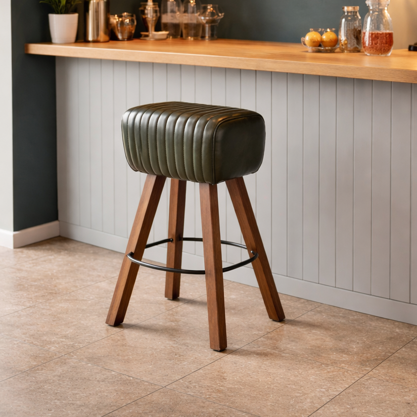 Green Leather Pommel Bar Stool