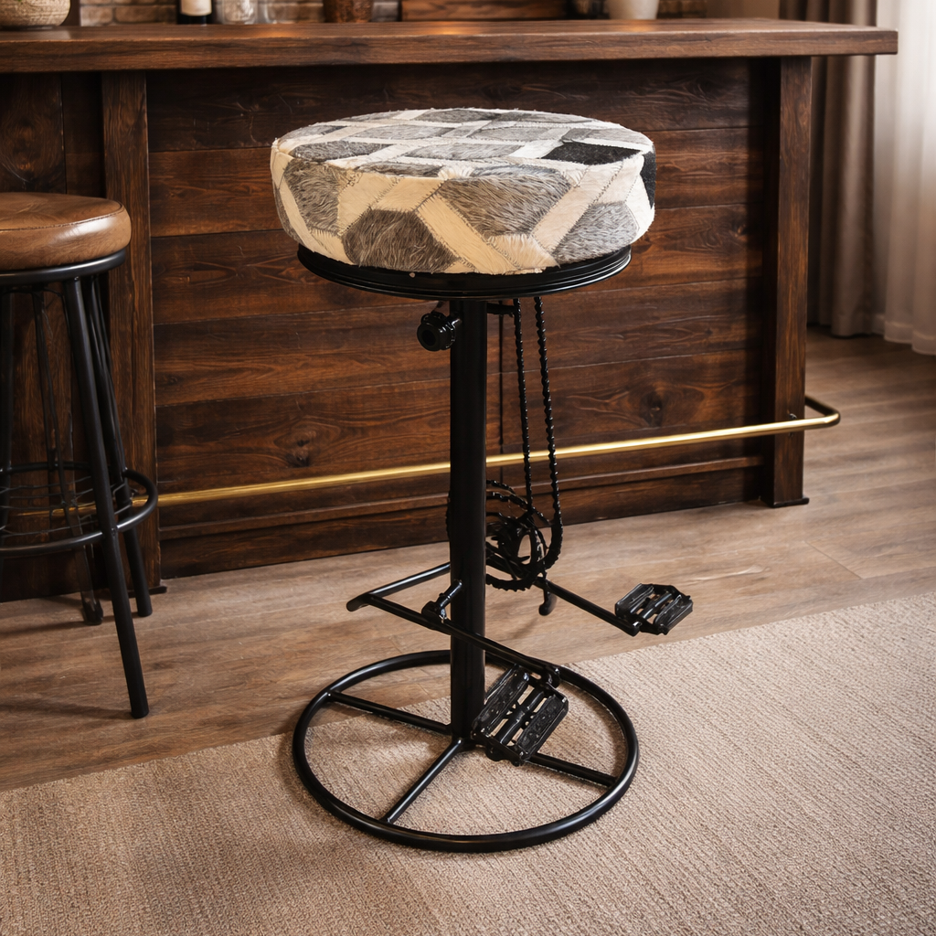Grey Cowhide Leather Bicycle Bar Stool