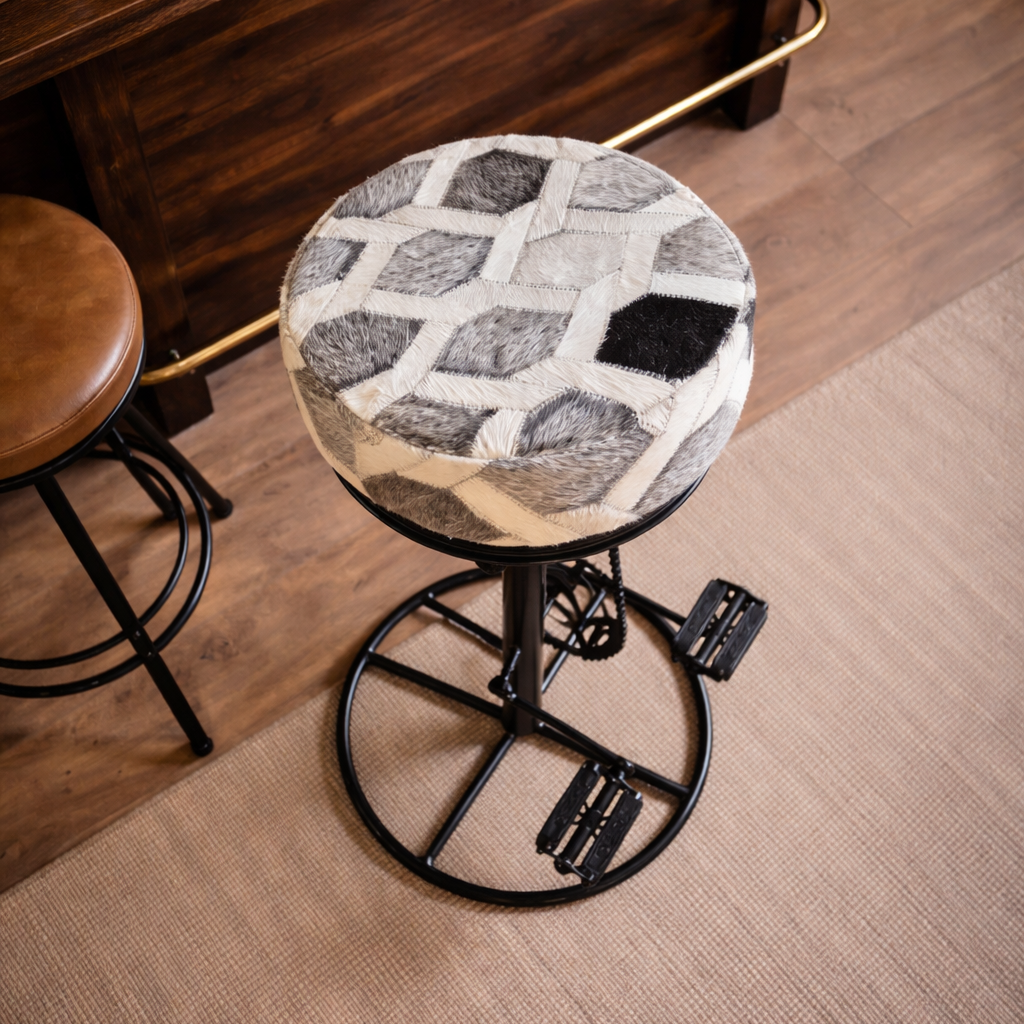 Grey Cowhide Leather Bicycle Bar Stool