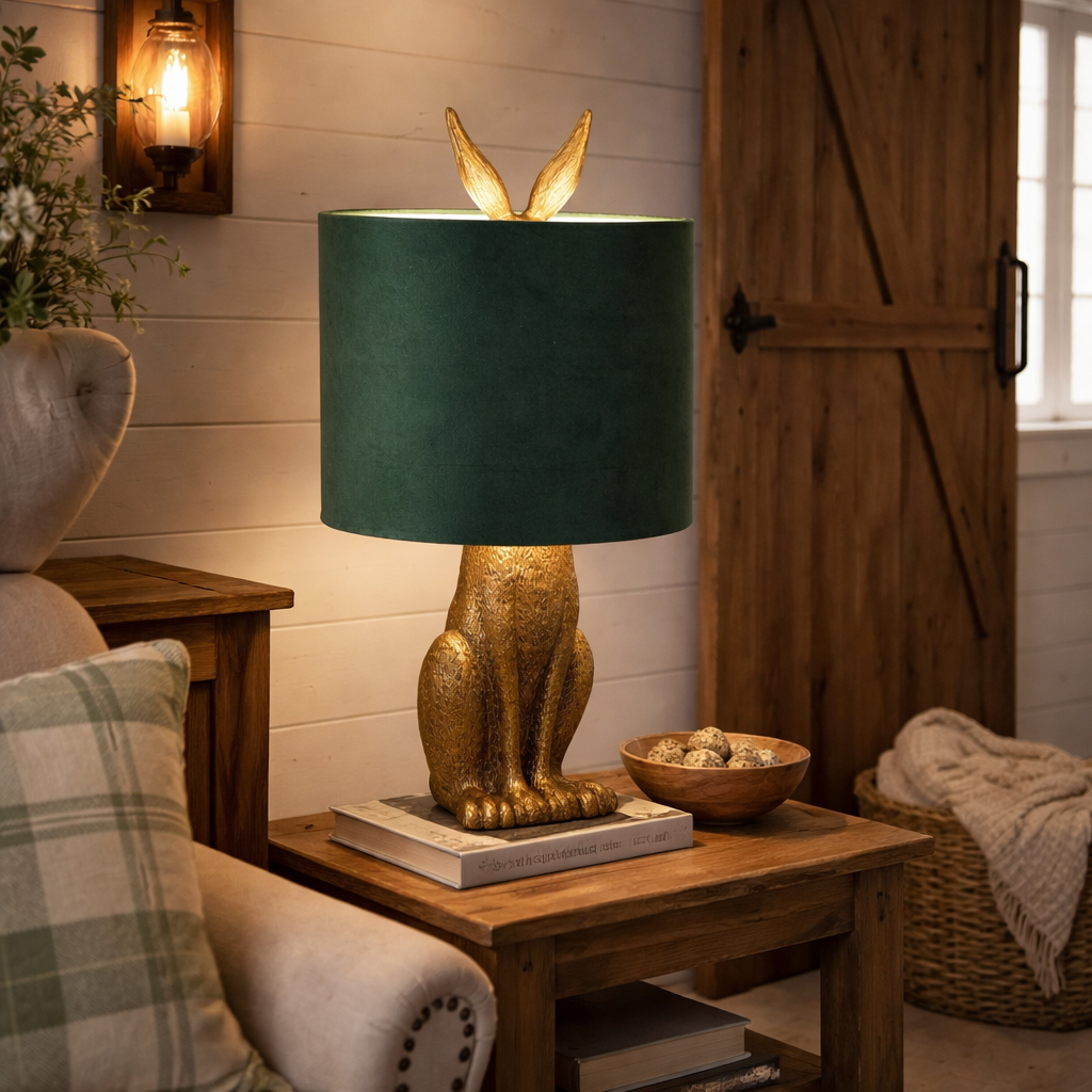 Antique Gold Hare Table Lamp With Green Velvet Shade