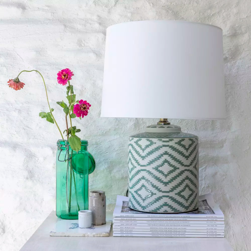 Ceramic Lamp Ikat Sage With White Shade