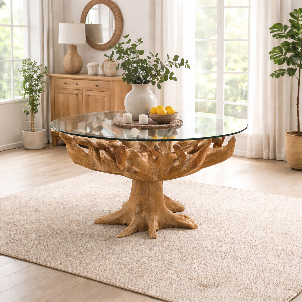 Teak Root Dining Table With Glass Top