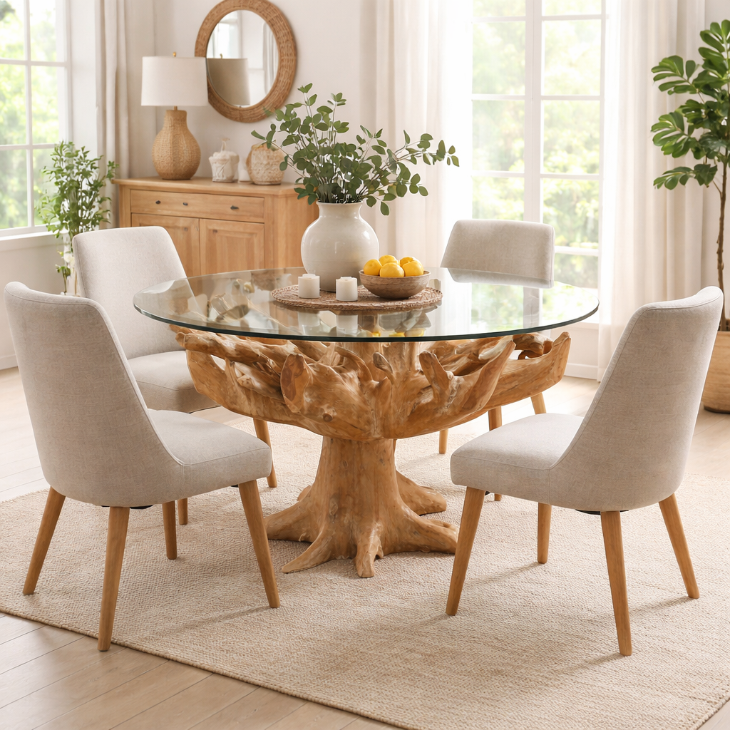 Teak Root Dining Table With Glass Top