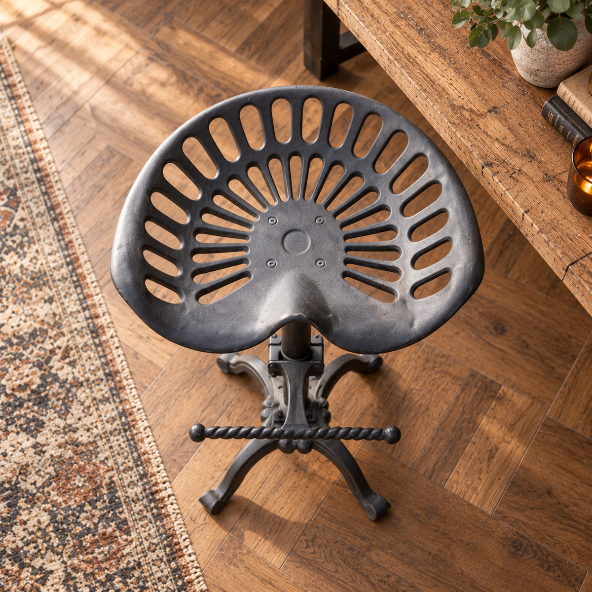 A dark gray cast iron swivel stool with a slatted seat and twisted base.