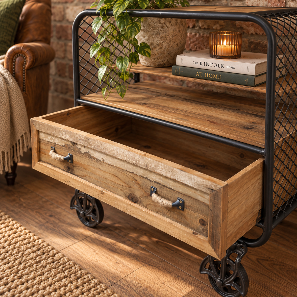 A rustic industrial rolling storage cart with a black metal frame, wire mesh sides, and a pull-out wooden drawer,