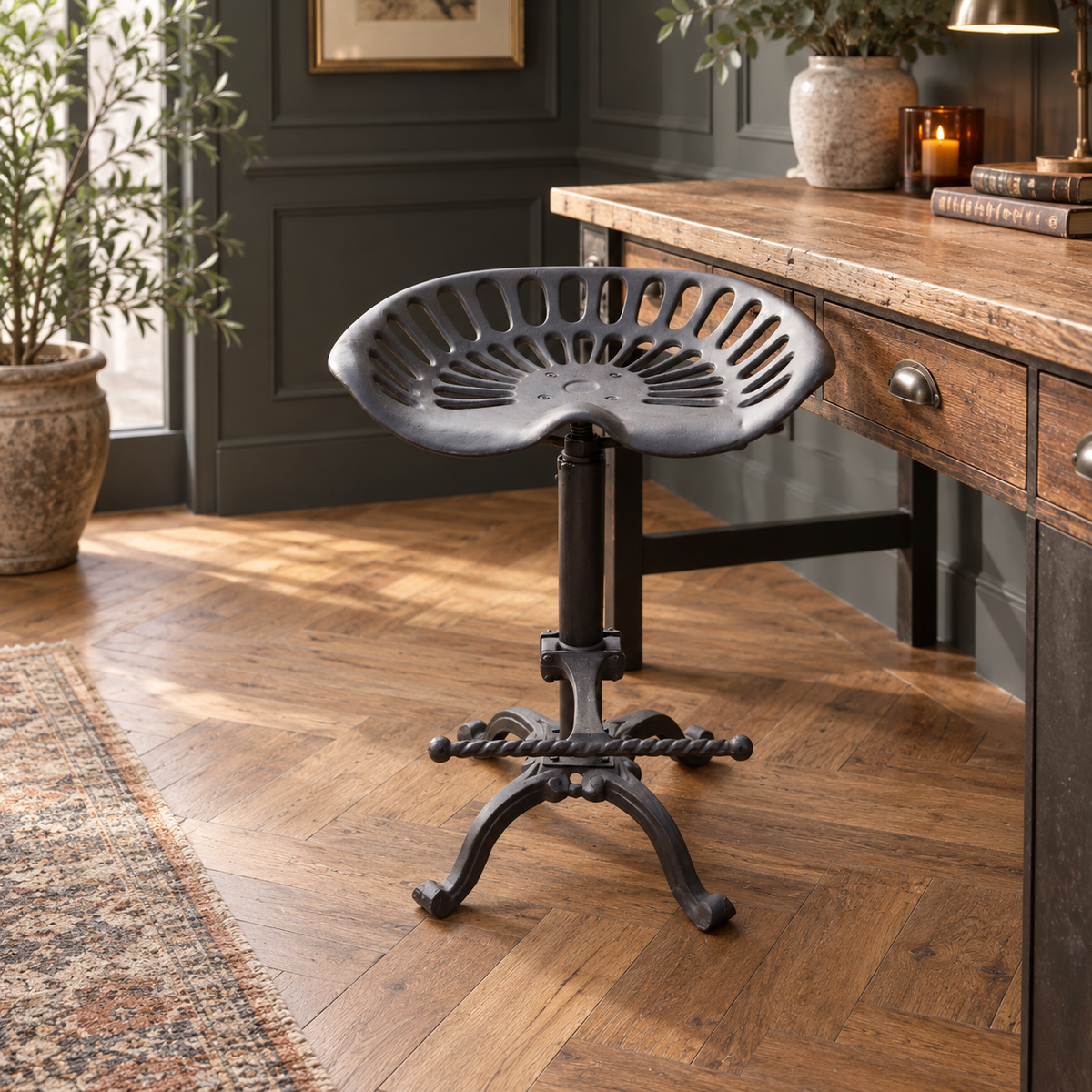 A dark cast iron swivel stool with a slatted seat, positioned in a rustic home office next to a wooden desk on a herringbone wood floor.