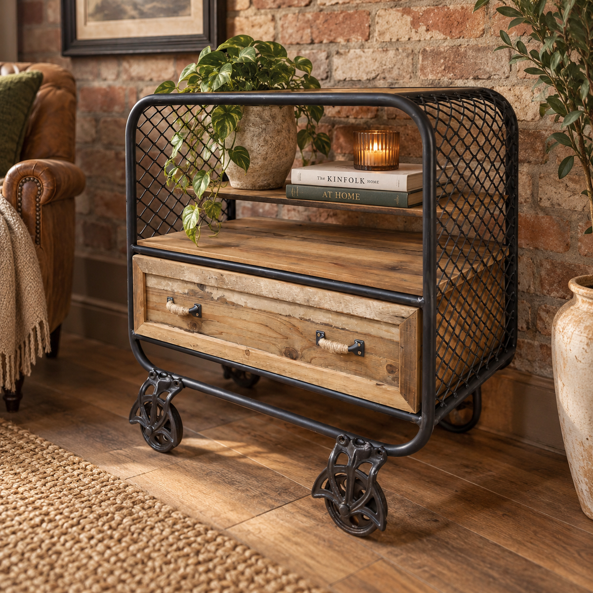 A rustic industrial rolling side table with a black metal frame, wire mesh sides, a single wood drawer, and a wood top
