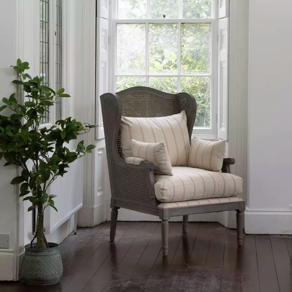 Rattan Wing Armchair Ticking Stripe Red