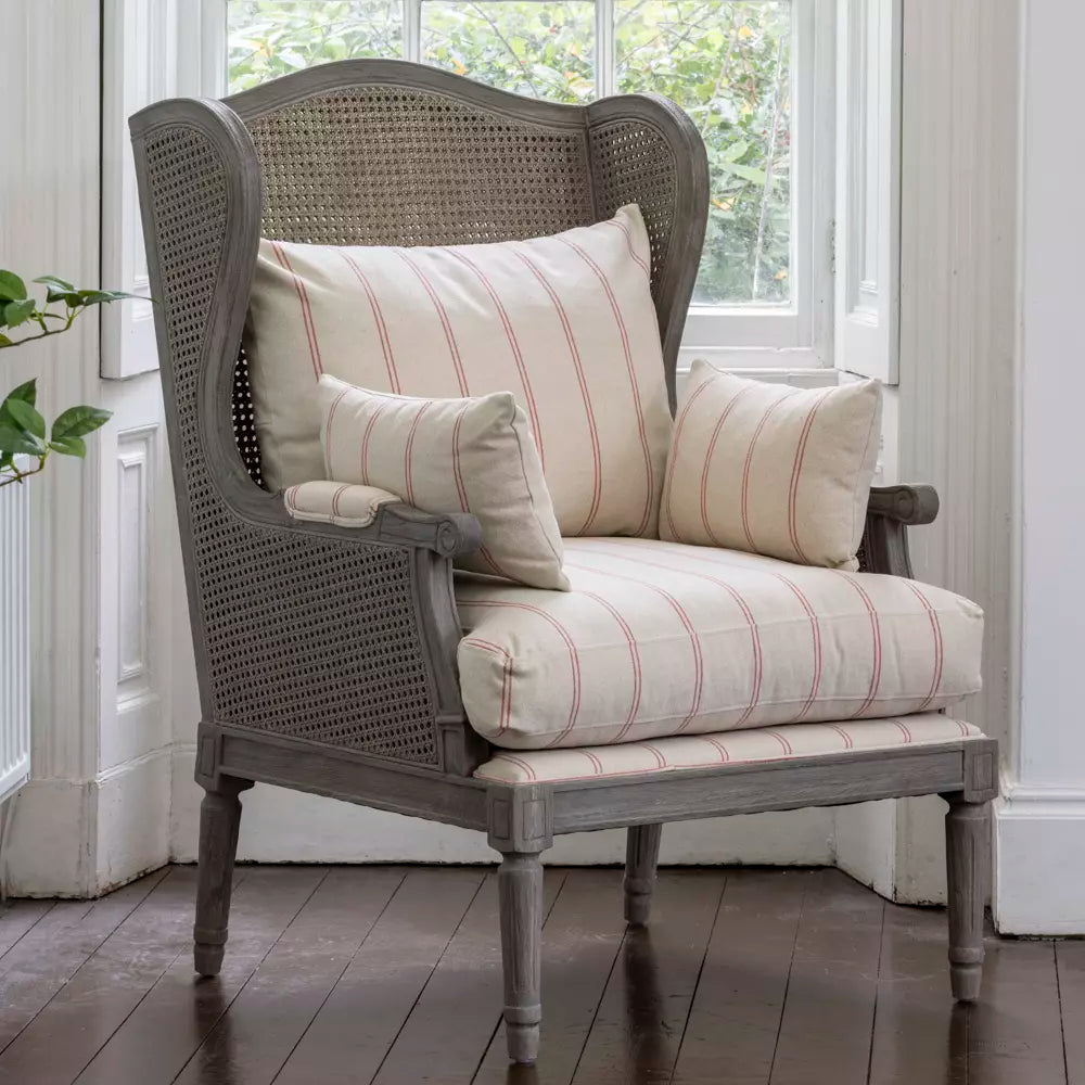 Rattan Wing Armchair Ticking Stripe Red