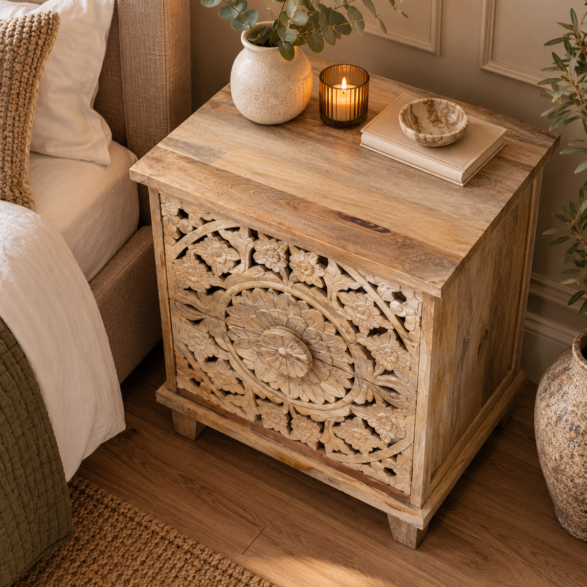 A rustic wooden nightstand with intricate hand-carved floral mandala patterns on the front, 