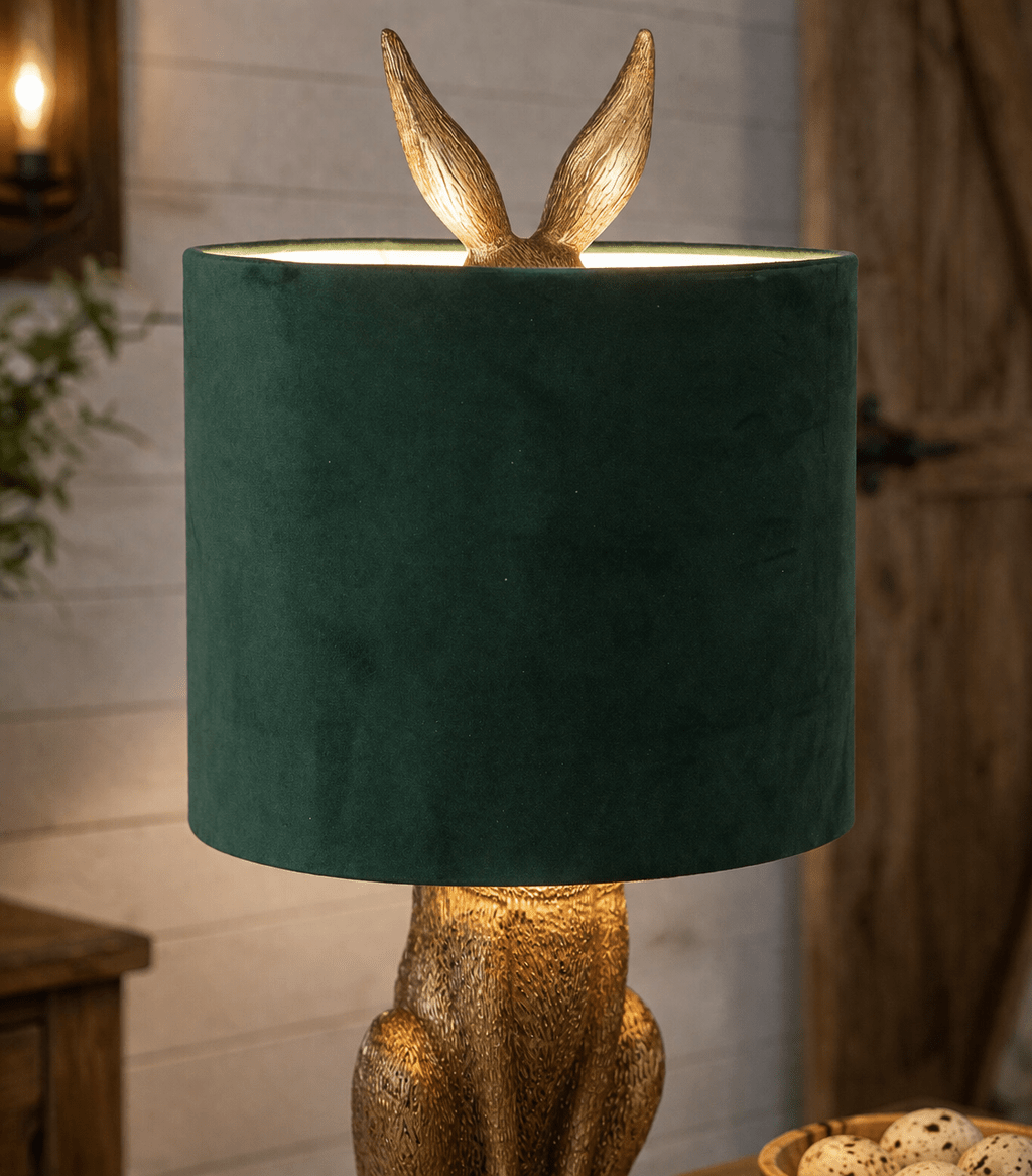 Antique Gold Hare Table Lamp With Green Velvet Shade - Smallhill Furniture Co.