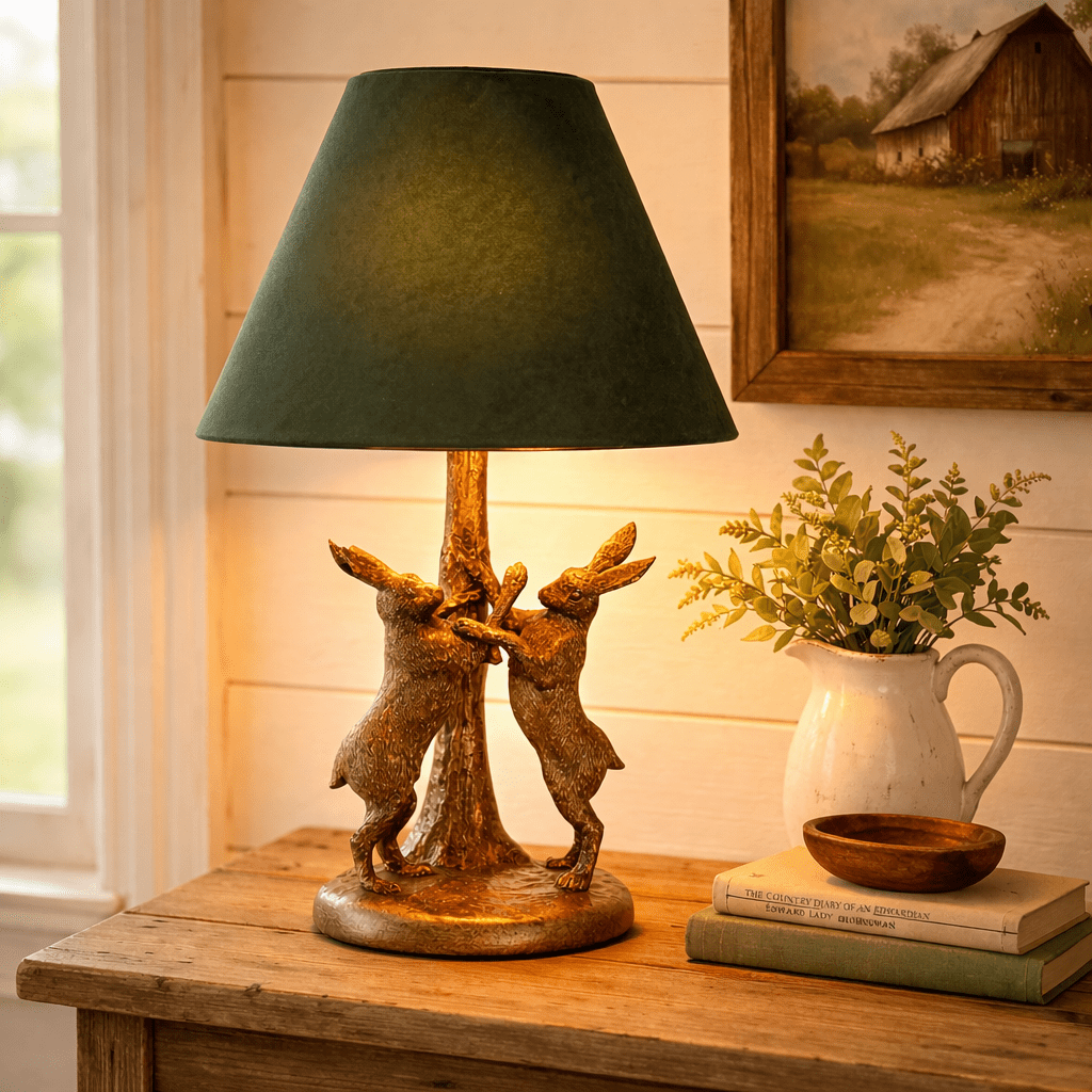 Antique Gold Marching Hares Lamp With Green Velvet Shade - Smallhill Furniture Co.