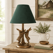 Antique Gold Marching Hares Lamp With Green Velvet Shade - Smallhill Furniture Co.