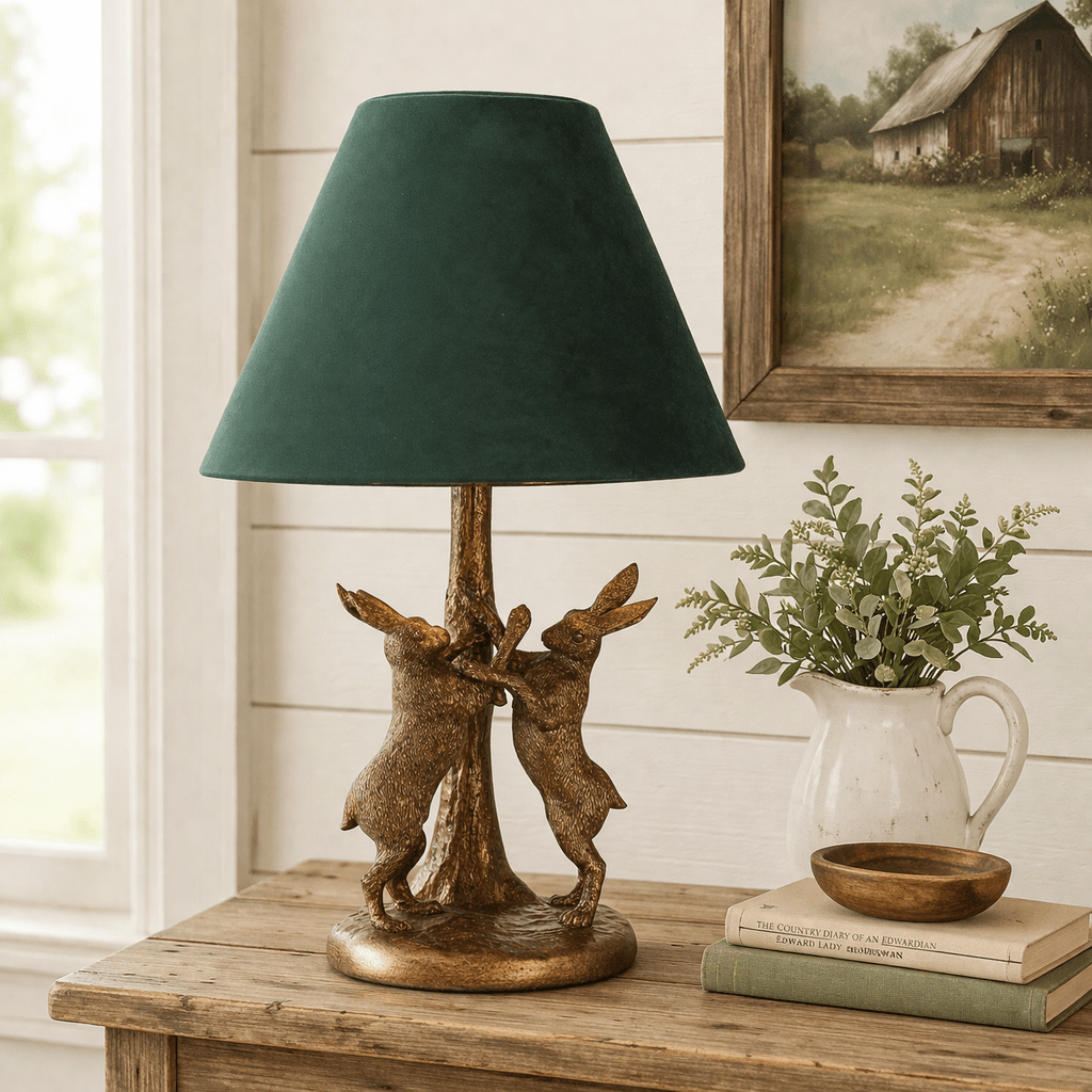 Antique Gold Marching Hares Lamp With Green Velvet Shade - Smallhill Furniture Co.