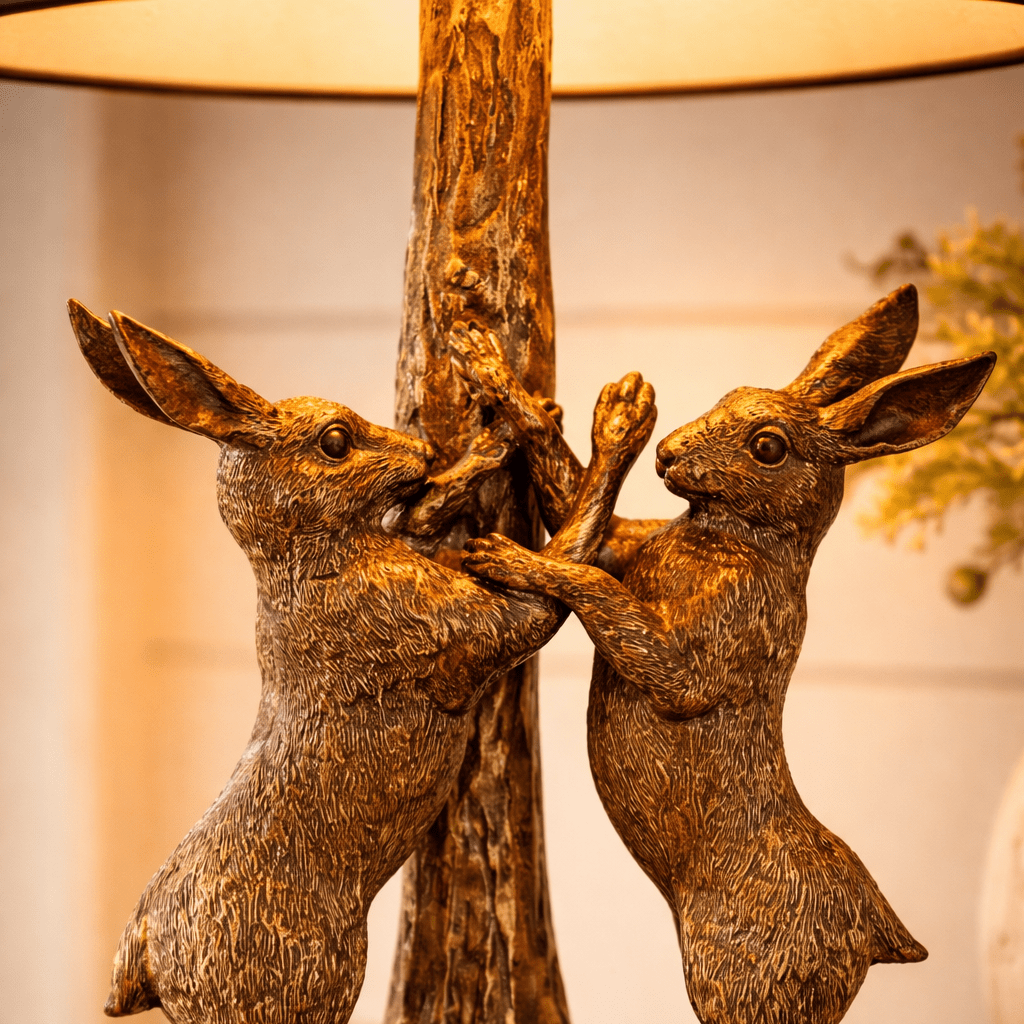 Antique Gold Marching Hares Lamp With Green Velvet Shade - Smallhill Furniture Co.