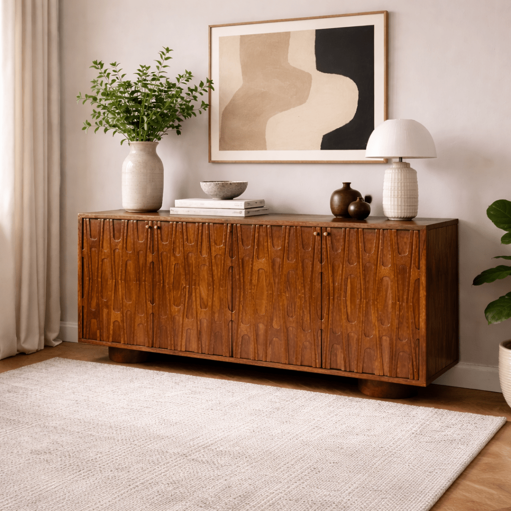 Barwara Wooden Carved 4 Door Sideboard - Smallhill Furniture Co.