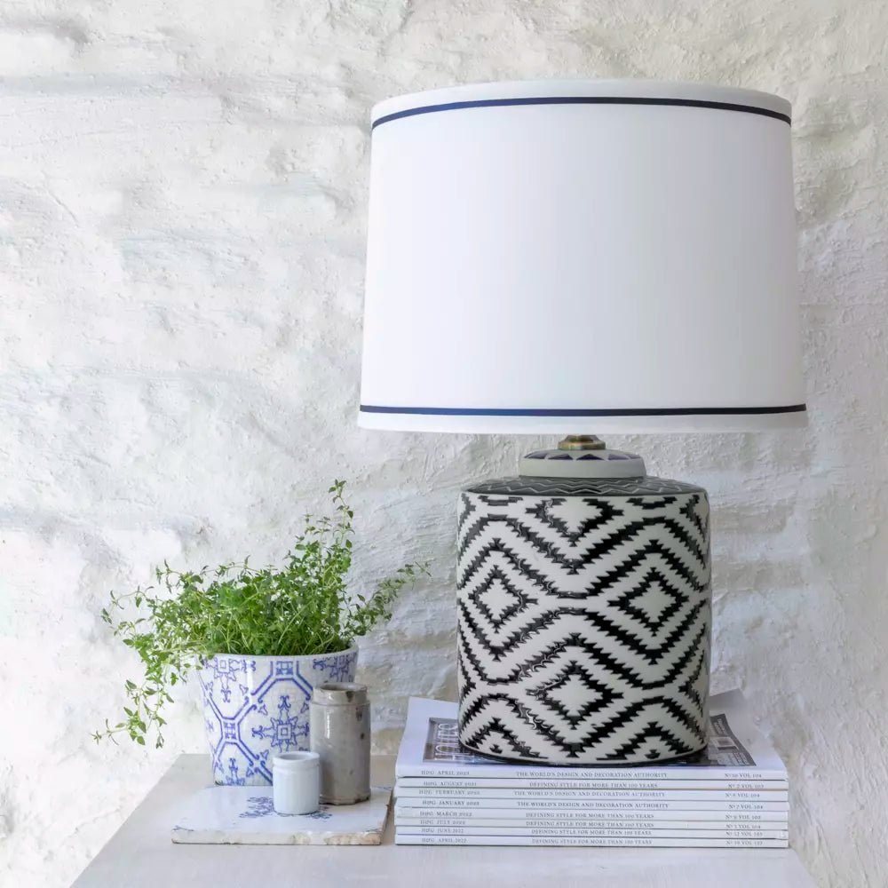 Ceramic Lamp Ikat Black With White Shade - Smallhill Furniture Co.